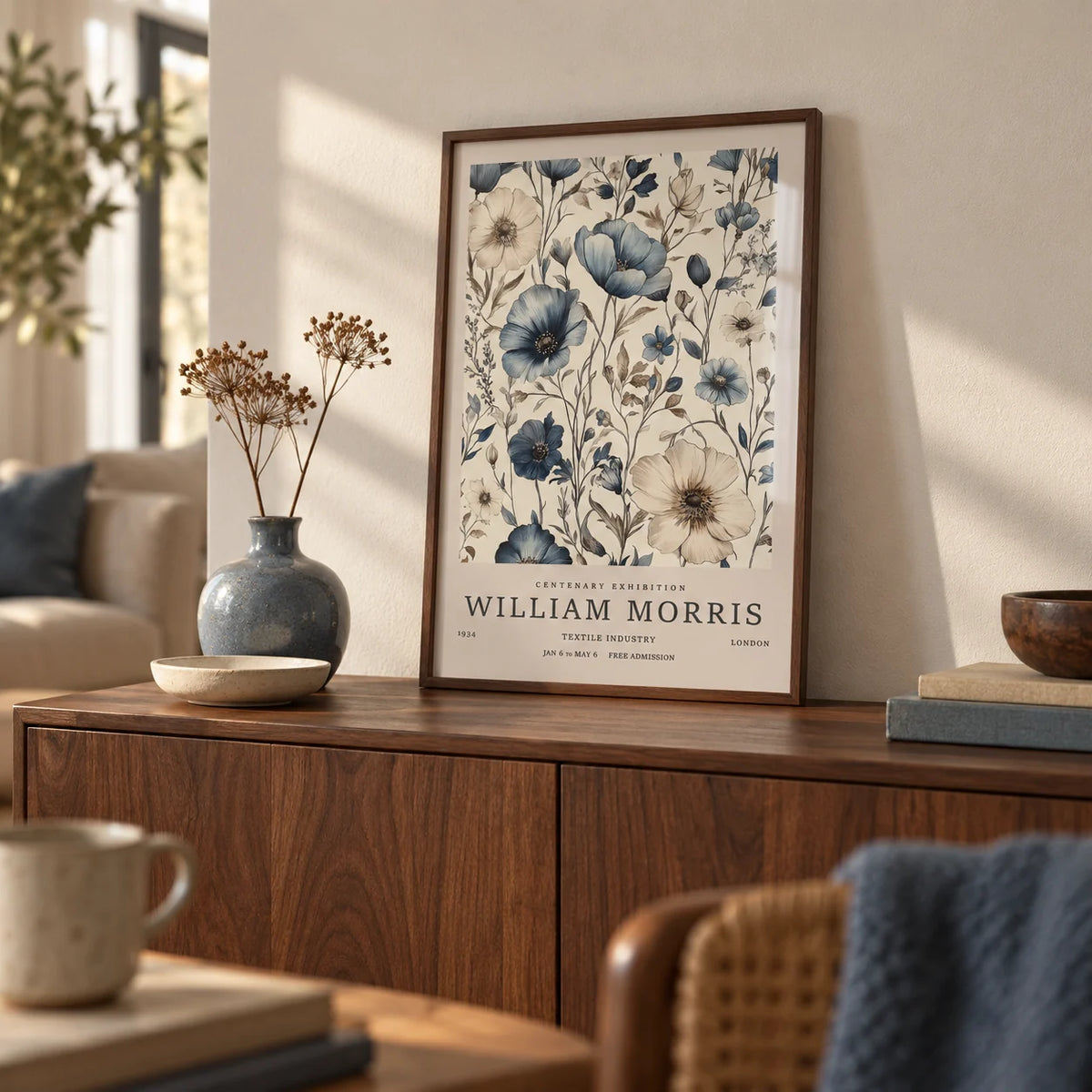 Neutral Wall Art for Living Room, a small A4 framed print leaning on a walnut sideboard