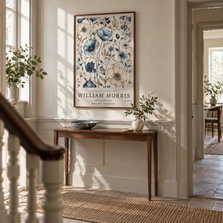 Neutral Wall Art for Living Room, framed on the wall of a welcoming hallway in a characterful UK maisonette with pale stone walls and simple painted panelling