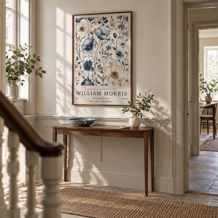 Neutral Wall Art for Living Room, framed on the wall of a welcoming hallway in a characterful UK maisonette with pale stone walls and simple painted panelling