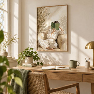 Neutral Woman Reading Art Print, framed on the wall of a calm home office