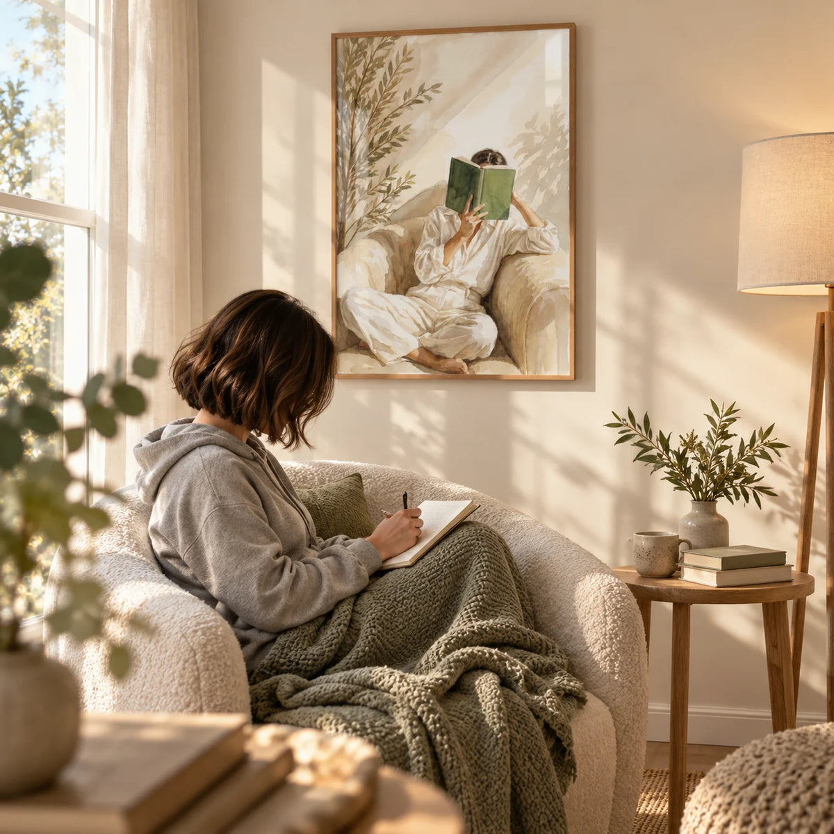 Neutral Woman Reading Art Print, framed on the wall of a cosy reading nook by a window in a living room