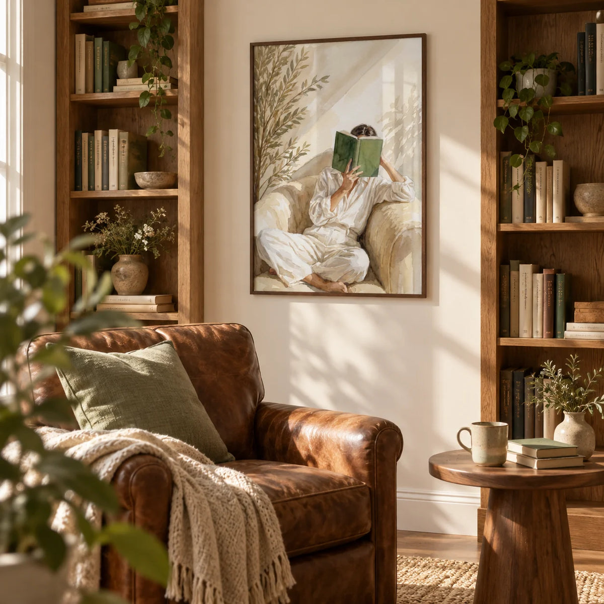 Neutral Woman Reading Art Print, framed on the wall of a home library corner in a living room