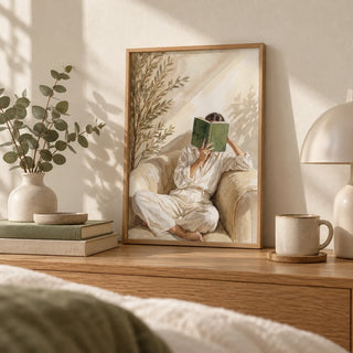 Neutral Woman Reading Art Print, a small A4 framed print leaning on an oak bedside shelf