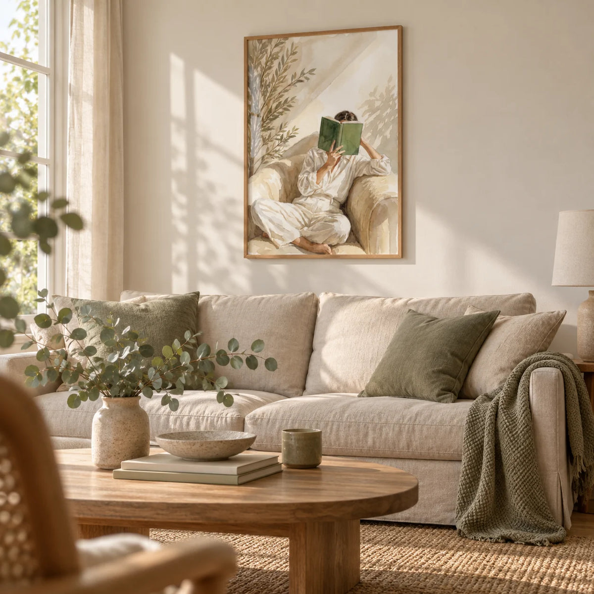 Neutral Woman Reading Art Print, framed on the wall of a soft neutral living room