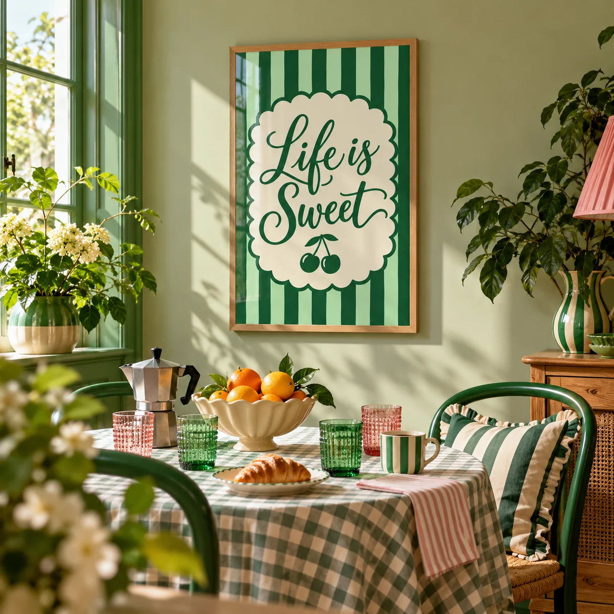 New Home Print, framed on the wall of a bright breakfast nook in a kitchen