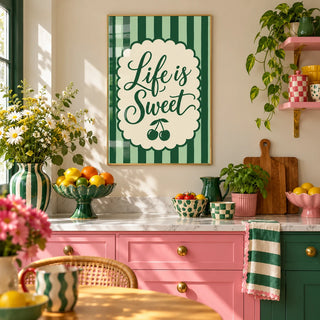New Home Print, framed on the wall of a colourful dopamine kitchen