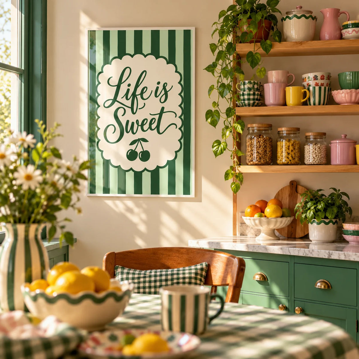 New Home Print, framed on the wall of a fun kitchen corner