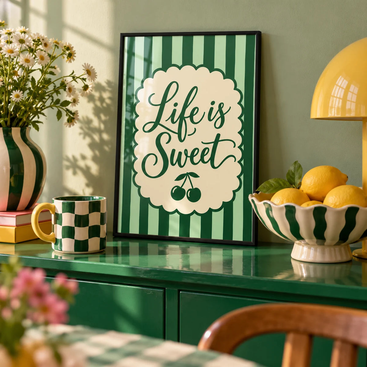 New Home Print, a small A4 framed print leaning on a colourful lacquered shelf in a living room