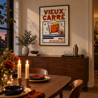New Orleans Cocktail Print, framed on the wall of a dining room in the evening