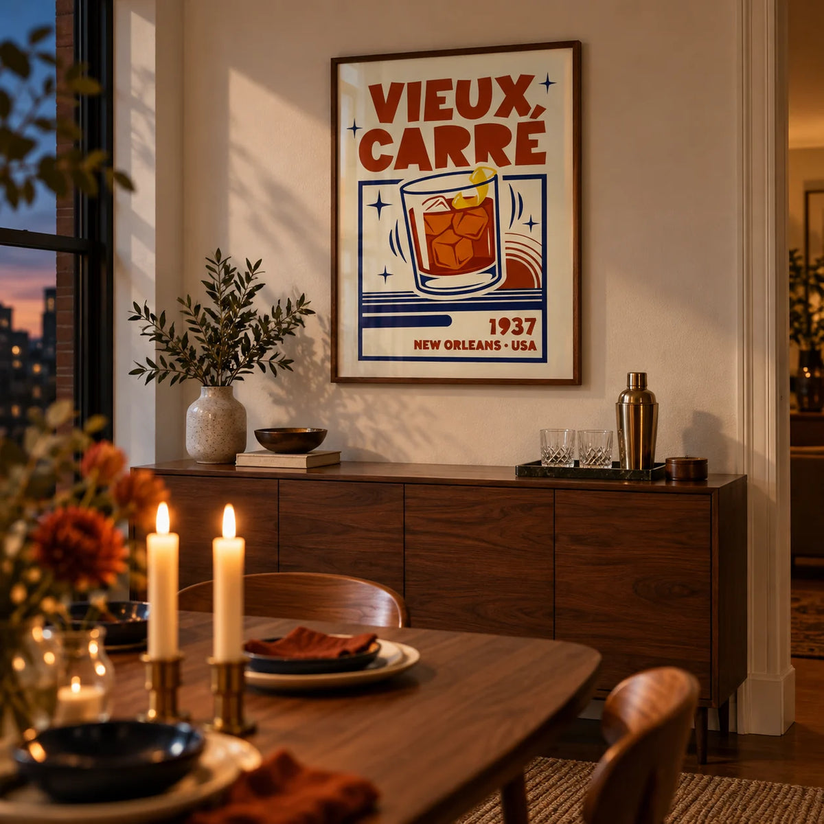 New Orleans Cocktail Print, framed on the wall of a dining room in the evening