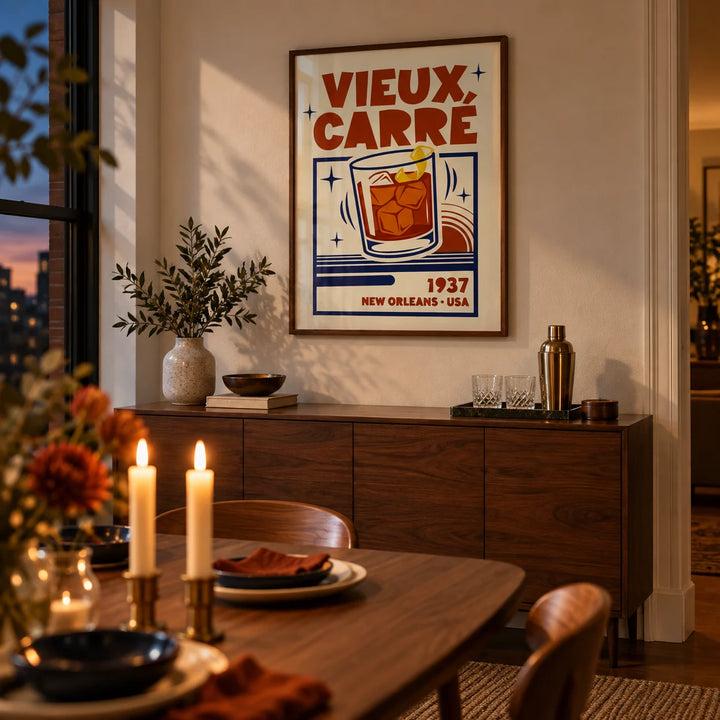 New Orleans Cocktail Print, framed on the wall of a dining room in the evening