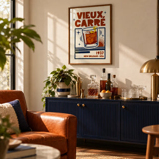 New Orleans Cocktail Print, framed on the wall of a living room drinks corner