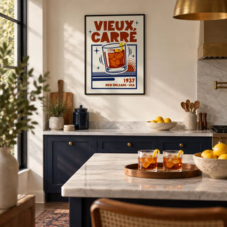 New Orleans Cocktail Print, framed on the wall of a modern kitchen