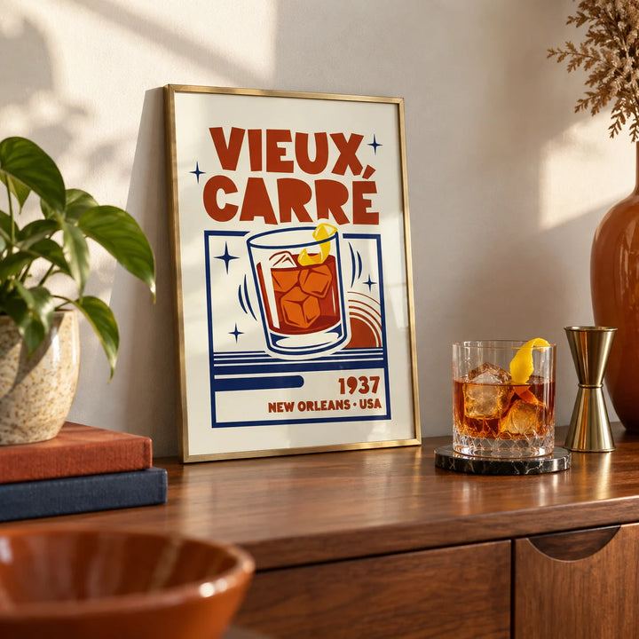 New Orleans Cocktail Print, a small A4 framed print leaning on a walnut sideboard in a living room