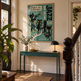 New Orleans Music Poster, framed on the wall of a characterful entrance hallway in a UK terrace with pale cream plaster walls and dark stained floorboards