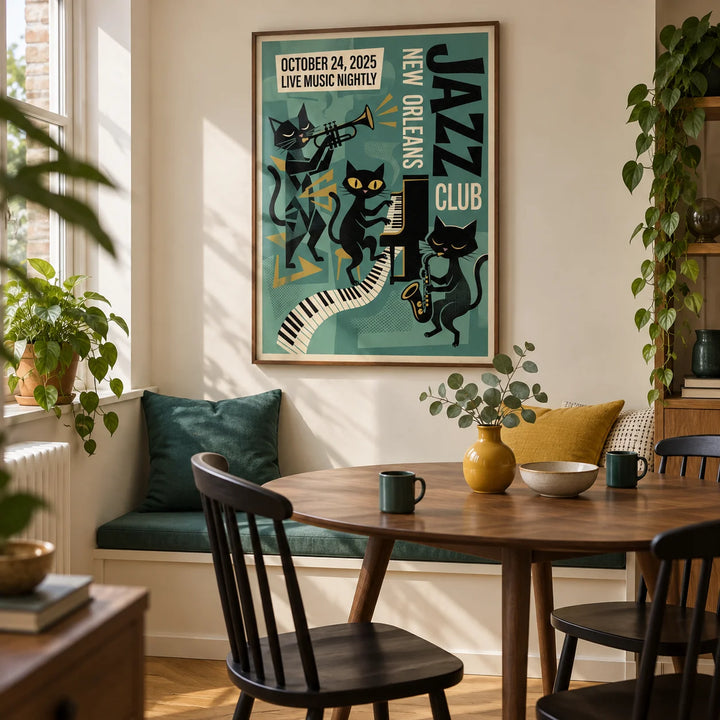 New Orleans Music Poster, framed on the wall of a compact dining room in a UK first flat for a music-loving couple (25-35)