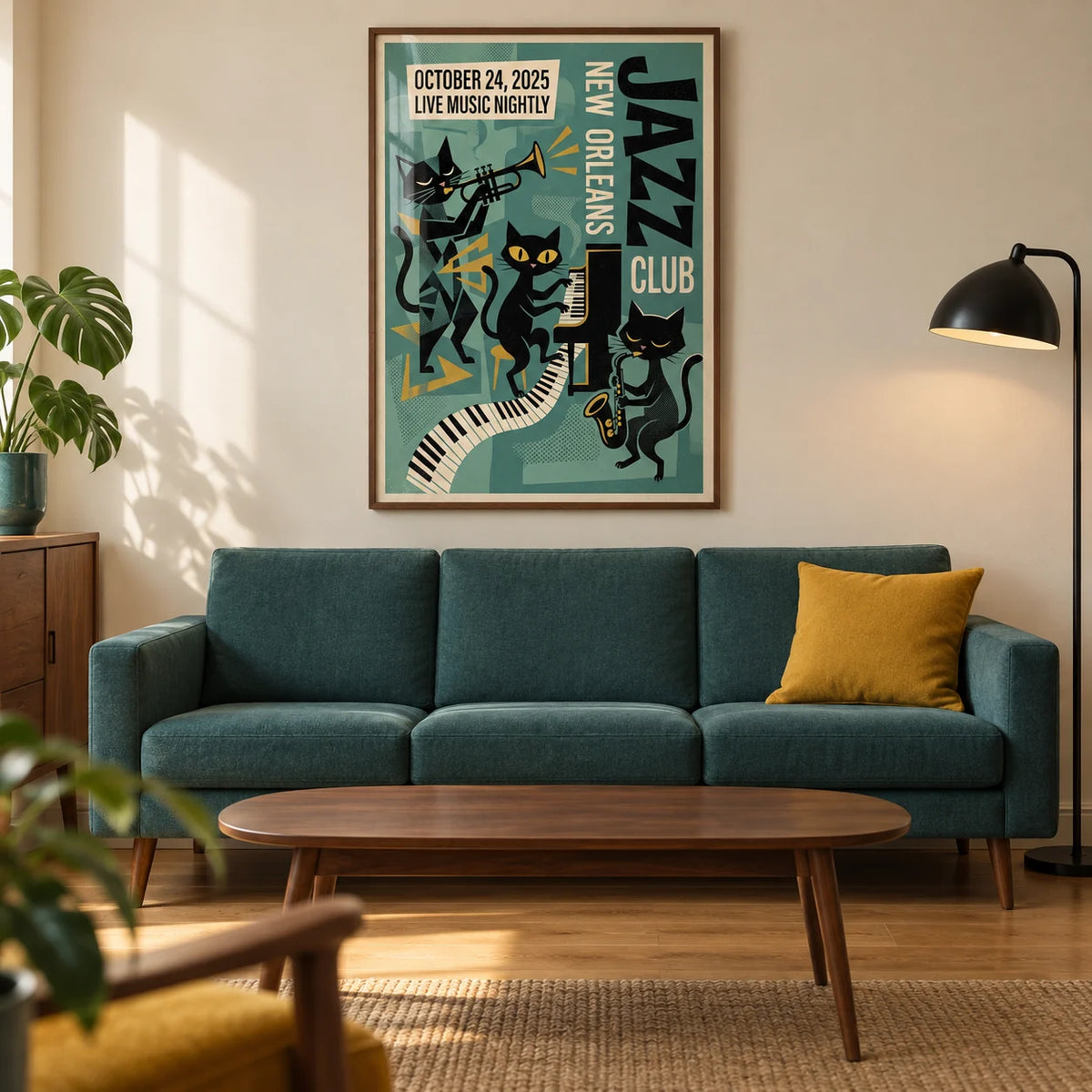 New Orleans Music Poster, framed on the wall of a mid-century living room in a UK city flat with warm cream walls