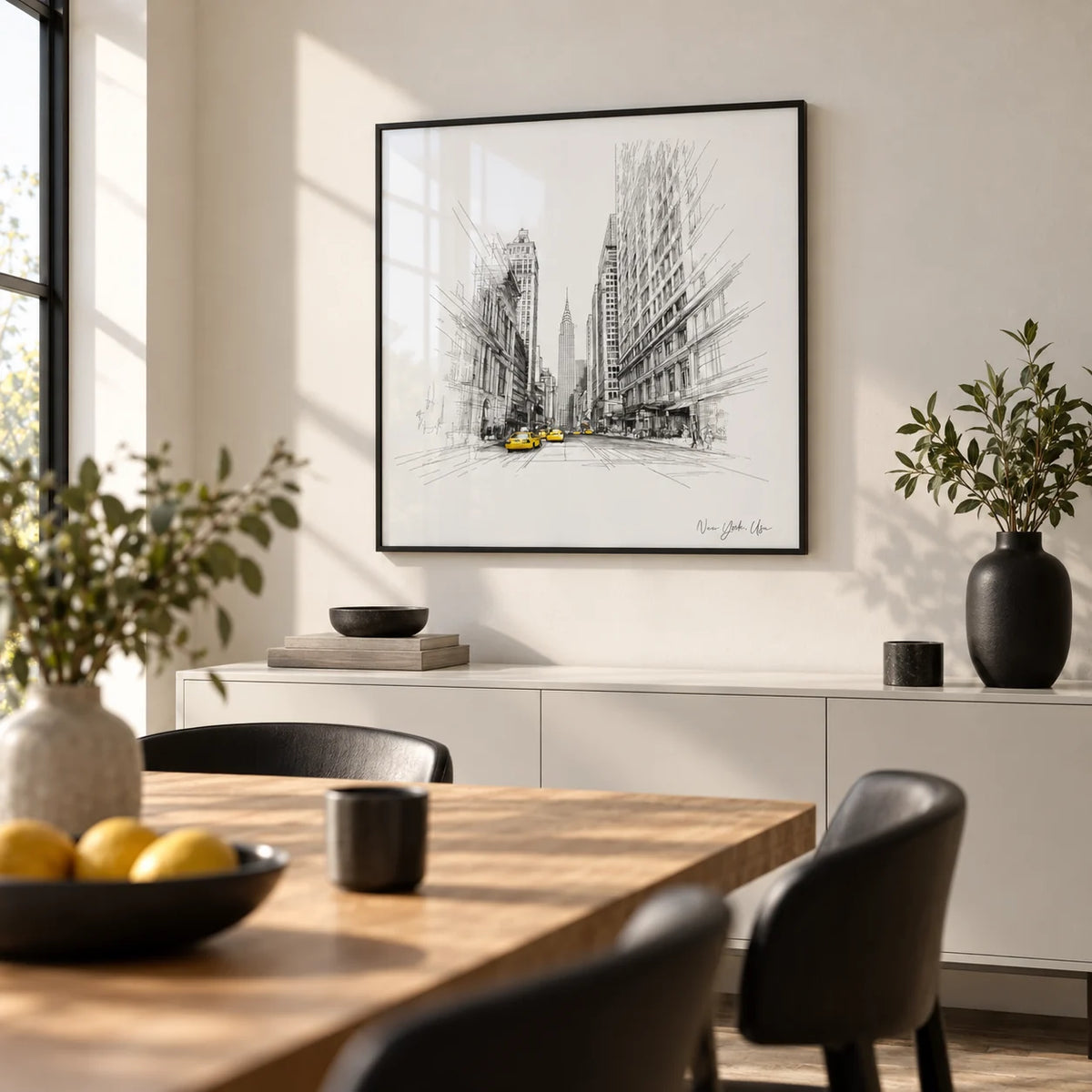 New York City Drawing, framed on the wall of a modern dining room