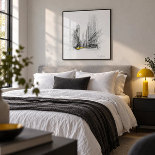 New York City Drawing, framed on the wall of a monochrome bedroom