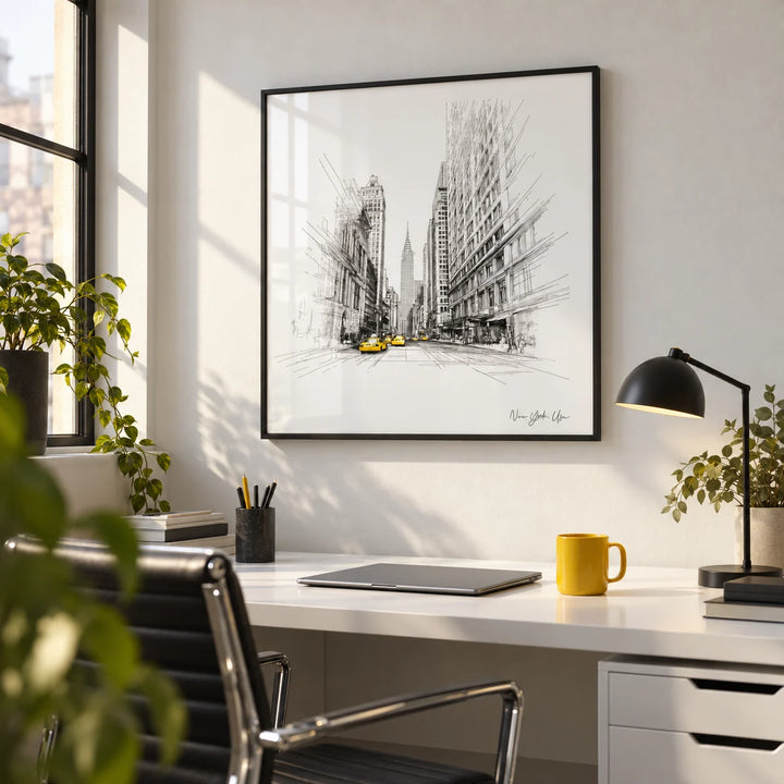 New York City Drawing, framed on the wall of a sleek home office