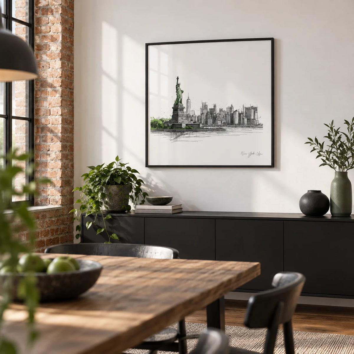 New York City Travel Poster, framed on the wall of a loft-style dining area with an exposed brick side wall