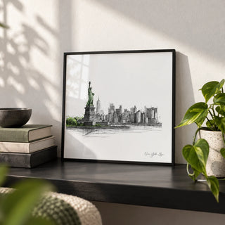 New York City Travel Poster, a small A4 framed print leaning on a black shelf in a living room