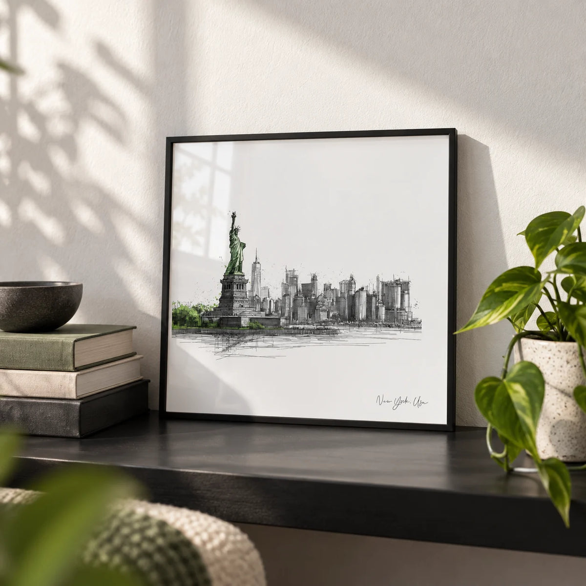 New York City Travel Poster, a small A4 framed print leaning on a black shelf in a living room