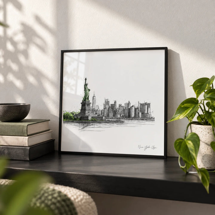 New York City Travel Poster, a small A4 framed print leaning on a black shelf in a living room