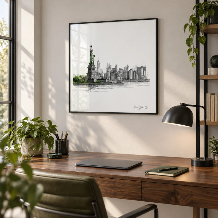 New York City Travel Poster, framed on the wall of a smart home office