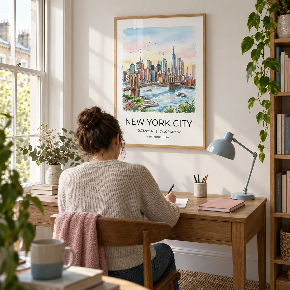 New York City Wall Art, framed on the wall of a calm home study in a UK flat with a soft white wall and a tall sash window