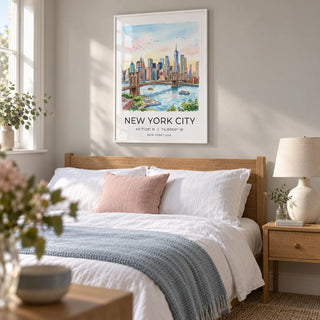 New York City Wall Art, framed on the wall of a restful double bedroom in a UK townhouse with a pale warm grey wall
