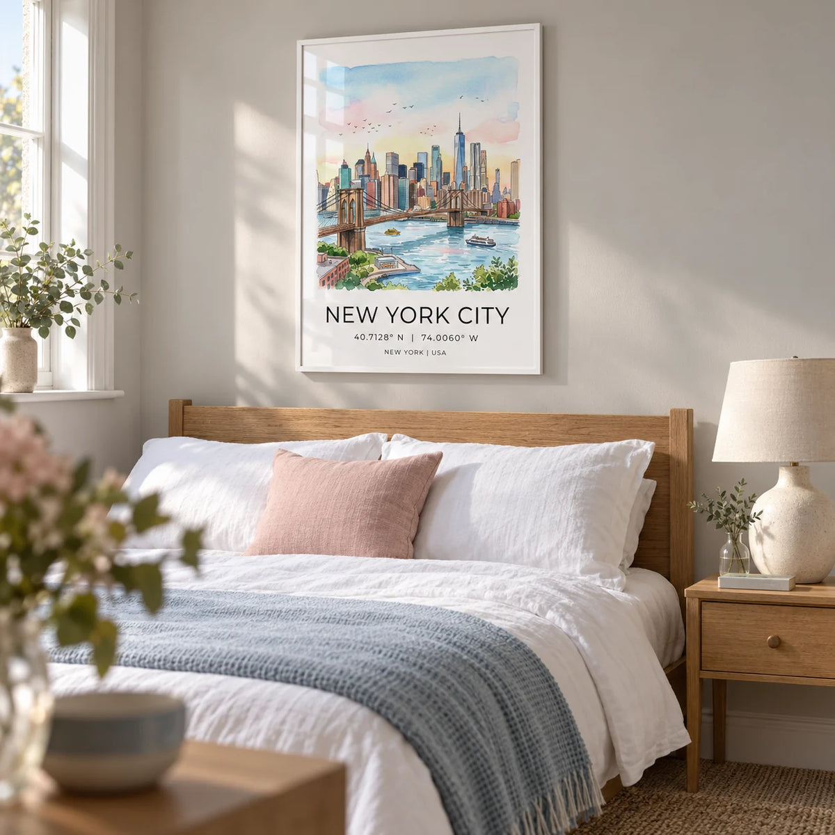 New York City Wall Art, framed on the wall of a restful double bedroom in a UK townhouse with a pale warm grey wall
