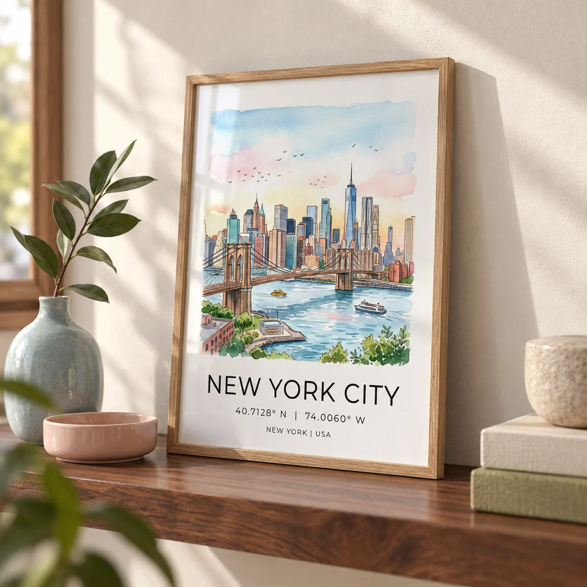 New York City Wall Art, a small A4 framed print leaning on a walnut shelf in a living room