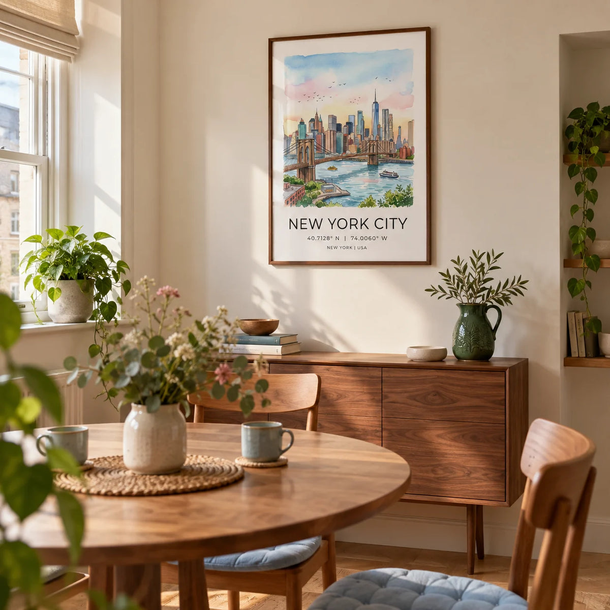New York City Wall Art, framed on the wall of a small dining room in a UK first flat for a travel-loving couple aged 25-35
