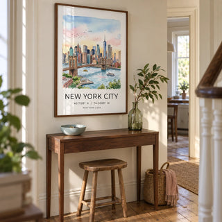 New York City Wall Art, framed on the wall of a welcoming hallway in a renovated UK terrace with pale cream walls and original timber floorboards