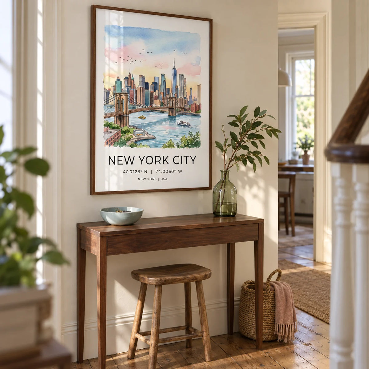 New York City Wall Art, framed on the wall of a welcoming hallway in a renovated UK terrace with pale cream walls and original timber floorboards