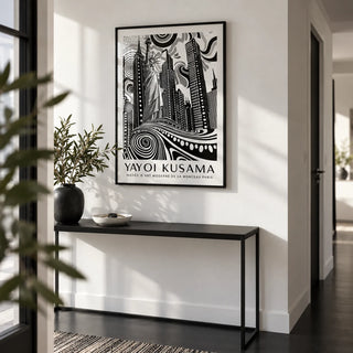 New York Cityscape Wall Art, framed on the wall of a crisp hallway with a white wall and a plain black floor