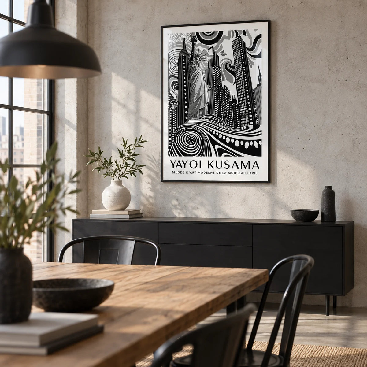 New York Cityscape Wall Art, framed on the wall of a loft dining area with a pale concrete wall