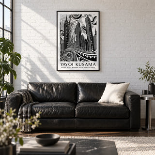 New York Cityscape Wall Art, framed on the wall of a loft-style city flat living room with a white painted brick wall and a dark oak floor