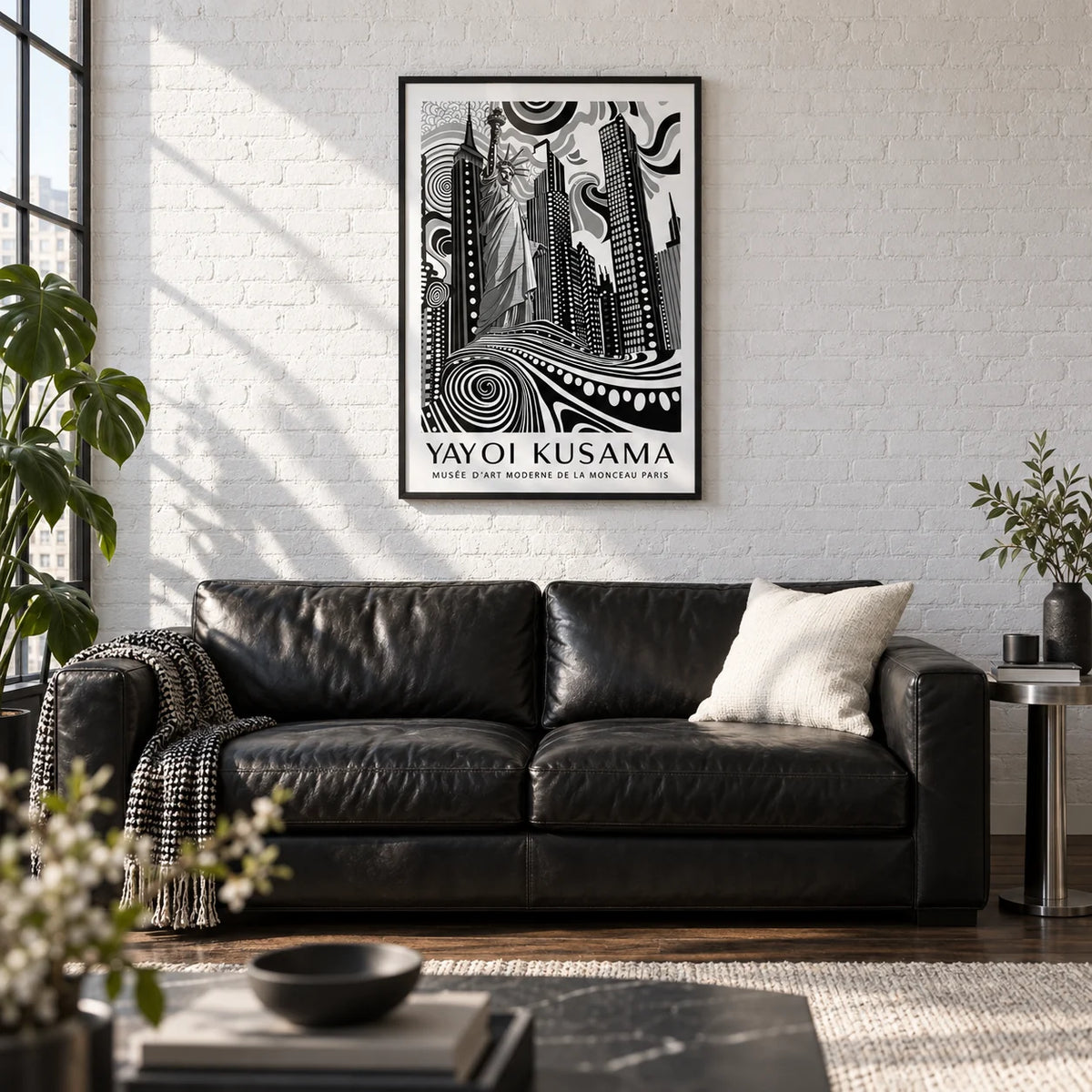 New York Cityscape Wall Art, framed on the wall of a loft-style city flat living room with a white painted brick wall and a dark oak floor
