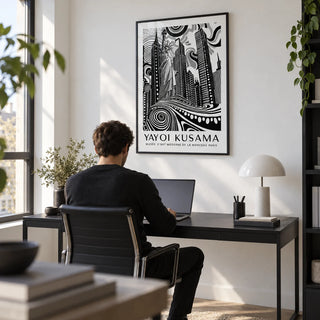 New York Cityscape Wall Art, framed on the wall of a modern home office with a white wall