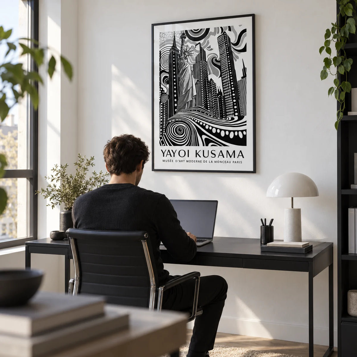 New York Cityscape Wall Art, framed on the wall of a modern home office with a white wall