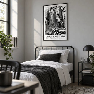 New York Cityscape Wall Art, framed on the wall of a monochrome single bedroom for a young adult (18-25) with a light grey wall