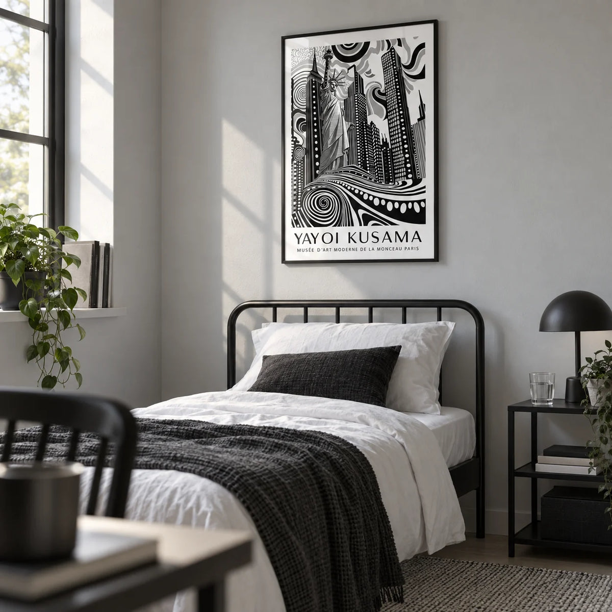 New York Cityscape Wall Art, framed on the wall of a monochrome single bedroom for a young adult (18-25) with a light grey wall