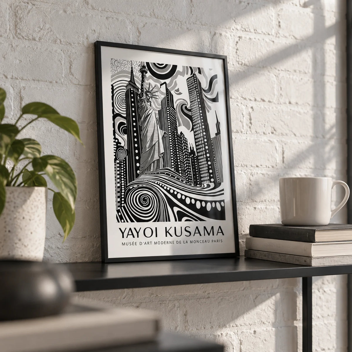 New York Cityscape Wall Art, a small A4 framed print leaning on a black metal shelf in a living room