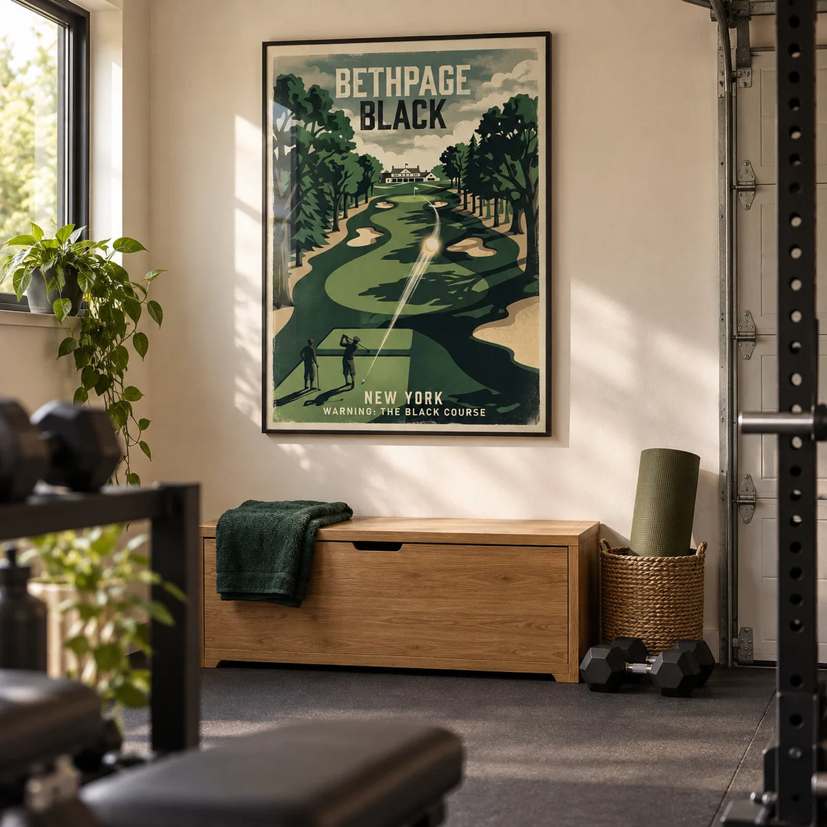 New York Golf Course Print, framed on the wall of a compact home gym in a converted UK garage with a warm off-white wall and plain charcoal rubber flooring
