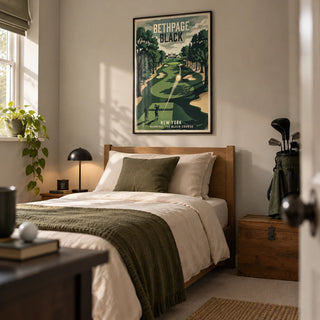 New York Golf Course Print, framed on the wall of a young adult golf enthusiast's single bedroom (18-25) in a UK family home with pale warm grey walls