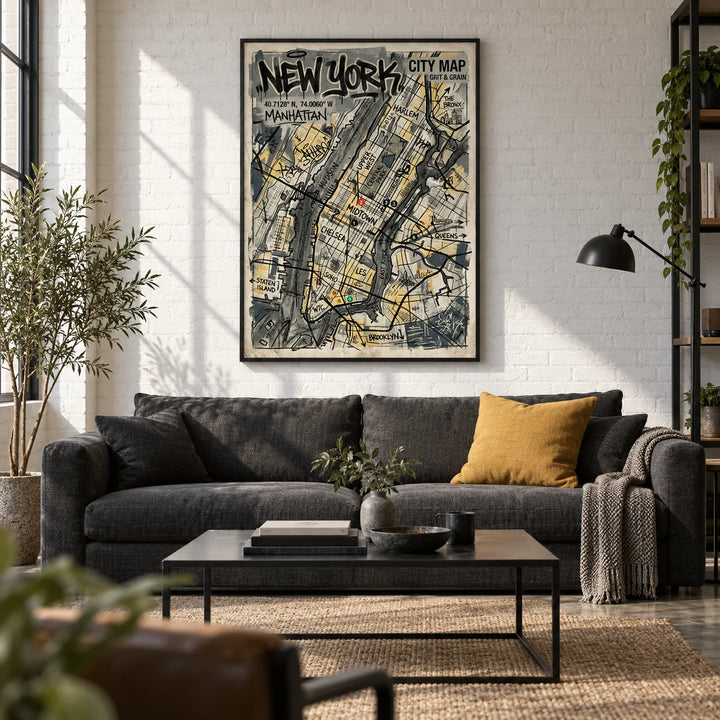 New York Graffiti Poster, framed on the wall of an urban loft living room with a white painted brick wall and a polished concrete floor