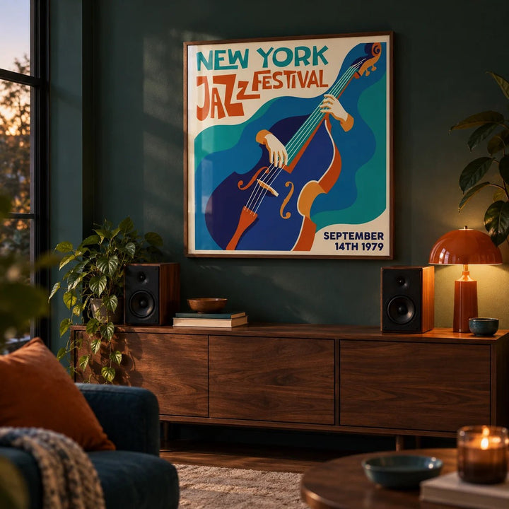 New York Jazz Festival Art Print, framed on the wall of a cosy den in the evening with a dark green-teal wall in a living room