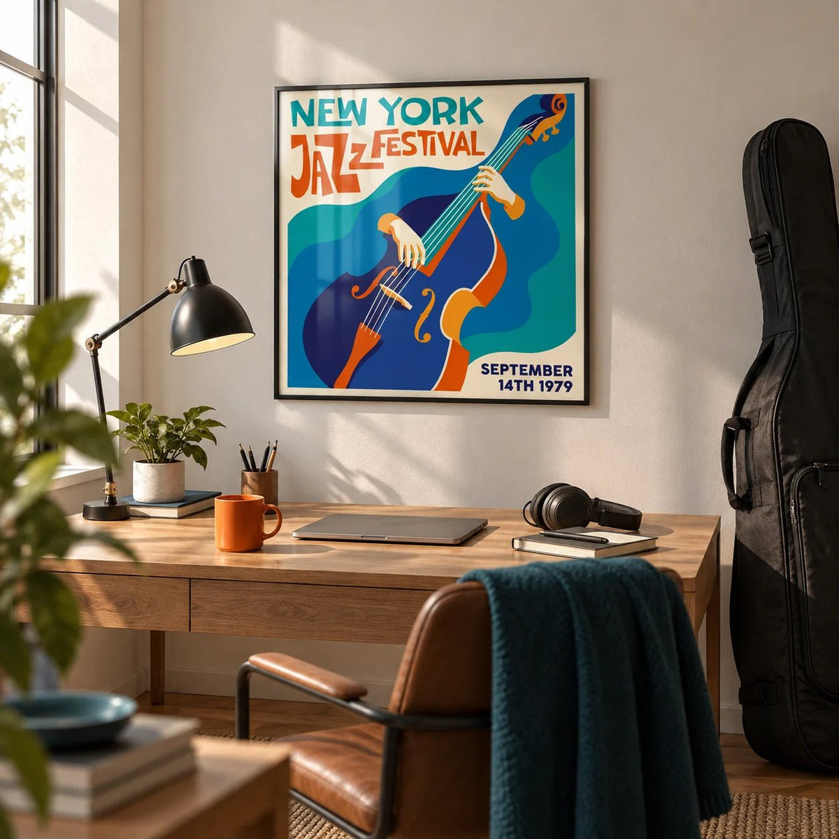 New York Jazz Festival Art Print, framed on the wall of a creative home office